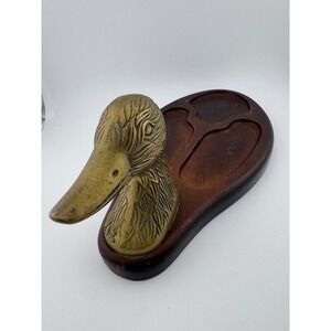 Vintage Brass Duck Head Trinket Dish Wooden Tray Vanity Organizer Desk Decor‎